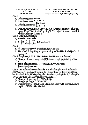 Đề thi tuyển sinh vào lớp 10 môn Toán - Bắc Kạn (2018-2019) (Có đáp án)