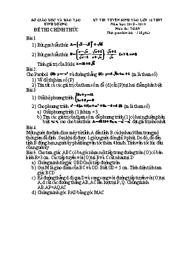 Đề thi tuyển sinh vào lớp 10 môn Toán - Bình Dương (2018-2019) (Có đáp án)