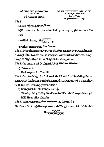 Đề thi tuyển sinh vào lớp 10 môn Toán - Cao Bằng (2018-2019) (Có đáp án)