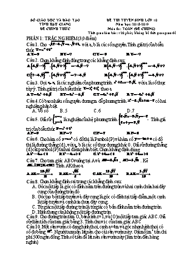 Đề thi tuyển sinh vào lớp 10 môn Toán - Hậu Giang (2018-2019) (Có đáp án)