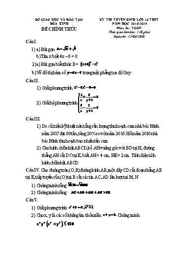 Đề thi tuyển sinh vào lớp 10 môn Toán - Hòa Bình (2018-2019) (Có đáp án)