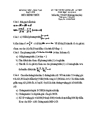 Đề thi tuyển sinh vào lớp 10 môn Toán (không chuyên) - Bạc Liêu (2018-2019) (Có đáp án)