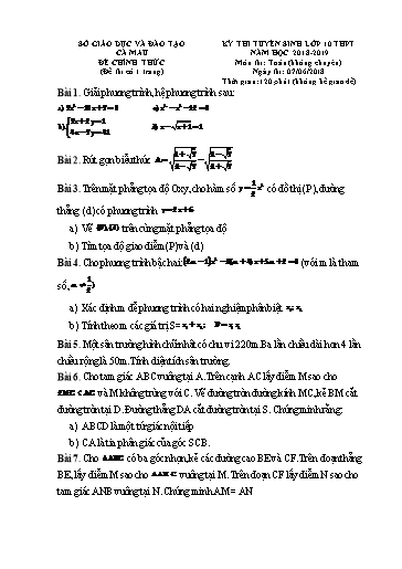 Đề thi tuyển sinh vào lớp 10 môn Toán (không chuyên) - Cà Mau (2018-2019) (Có đáp án)