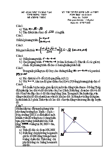 Đề thi tuyển sinh vào lớp 10 môn Toán (không chuyên) - Đồng Tháp (2018-2019) (Có đáp án)