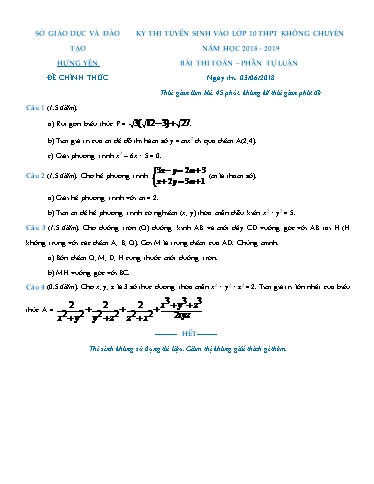 Đề thi tuyển sinh vào lớp 10 môn Toán (không chuyên) - Phần tự luận - Hưng Yên (2018-2019) (Có đáp án)