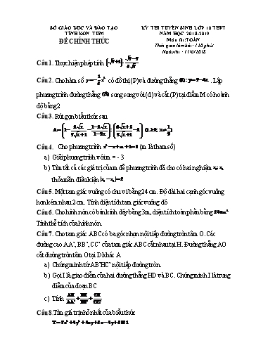 Đề thi tuyển sinh vào lớp 10 môn Toán - Kon Tum (2018-2019) (Có đáp án)
