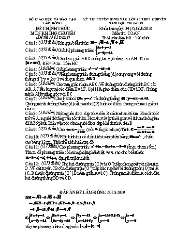 Đề thi tuyển sinh vào lớp 10 môn Toán - Lâm Đồng (2018-2019) (Có đáp án)