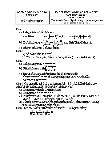 Đề thi tuyển sinh vào lớp 10 môn Toán - Lạng Sơn (2018-2019) (Có đáp án)