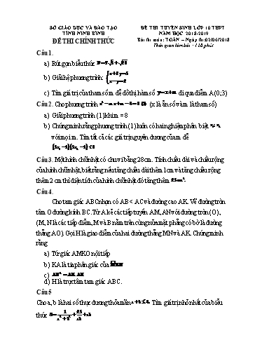 Đề thi tuyển sinh vào lớp 10 môn Toán - Ninh Bình (2018-2019) (Có đáp án)