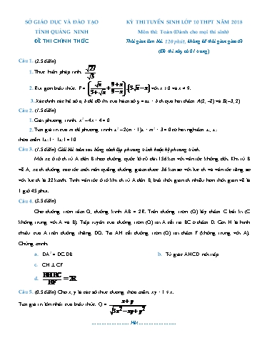 Đề thi tuyển sinh vào lớp 10 môn Toán - Quảng Ninh (2018-2019) (Có đáp án)