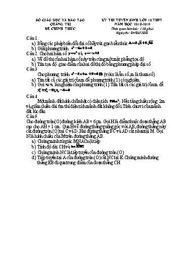 Đề thi tuyển sinh vào lớp 10 môn Toán - Quảng Trị (2018-2019) (Có đáp án)