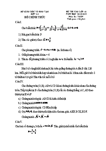 Đề thi tuyển sinh vào lớp 10 môn Toán - Sơn La (2018-2019) (Có đáp án)