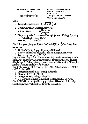 Đề thi tuyển sinh vào lớp 10 môn Toán - Tiền Giang (2018-2019) (Có đáp án)