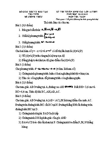 Đề thi tuyển sinh vào lớp 10 môn Toán - Trà Vinh (2018-2019) (Có đáp án)