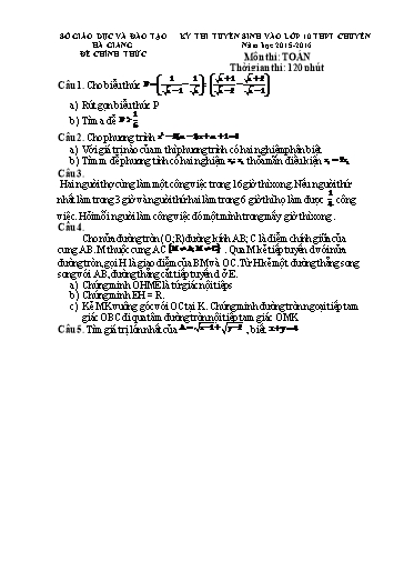 Đề thi tuyển sinh vào lớp 10 môn Toán trường THPT Chuyên - Hà Giang (2018-2019) (Có đáp án)