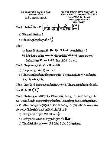 Đề thi tuyển sinh vào lớp 10 môn Toán trường THPT Chuyên Võ Nguyên Giáp - Quảng Bình (2018-2019) (Có đáp án)