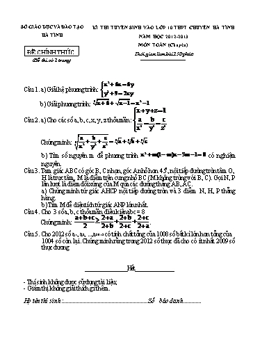 Đề thi tuyển sinh vào Lớp 10 THPT Chuyên Hà Tĩnh môn Toán (Chuyên) - Năm học 2012-2013 (Có đáp án)