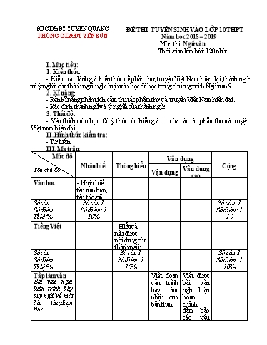 Đề thi vào Lớp 10 môn Ngữ Văn - Năm học 2018-2019 - PGD Yên Sơn (Có đáp án + Ma trận)